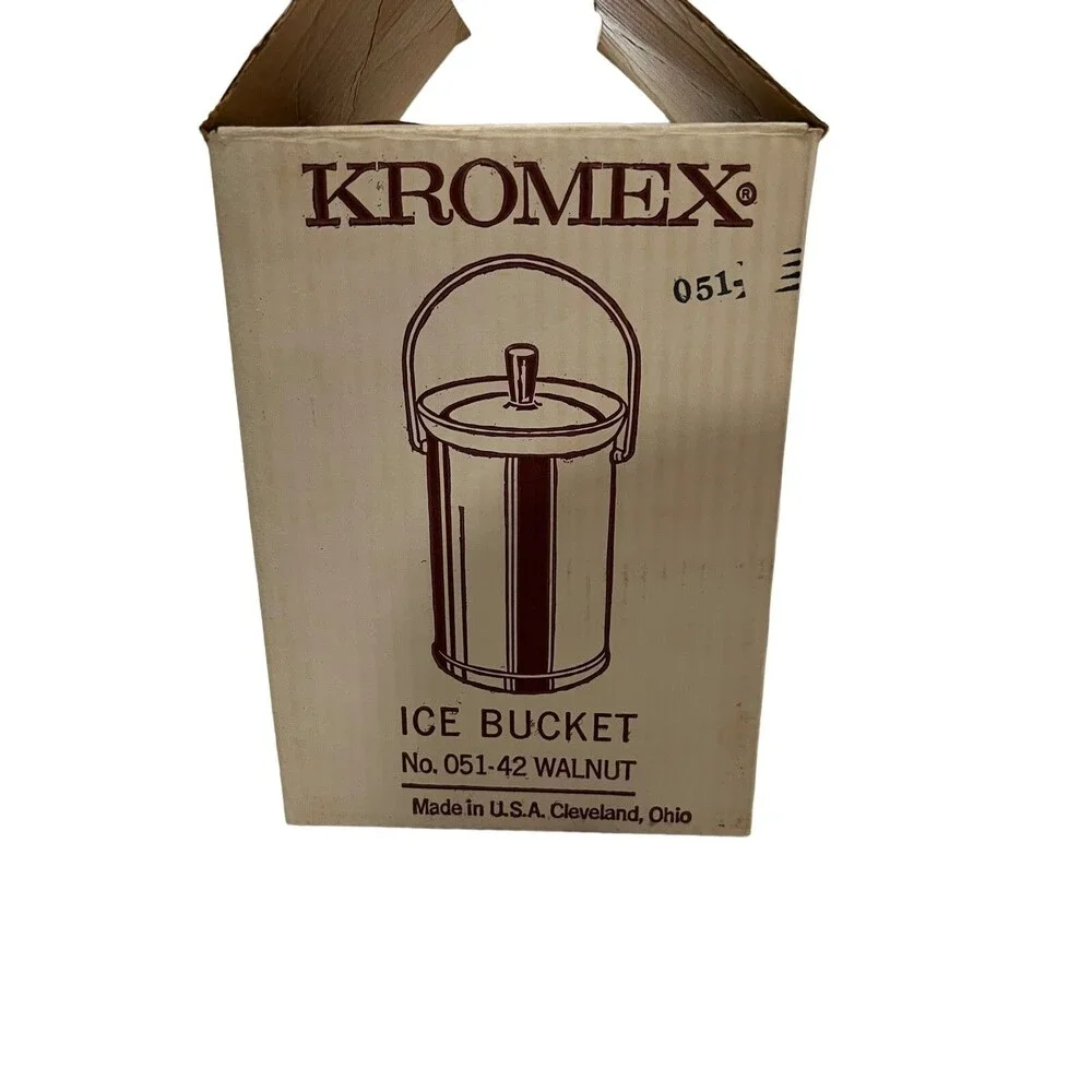 Vintage Kromex Ice Bucket Walnut Chrome MCM 1960s Barware EUC w/ Box